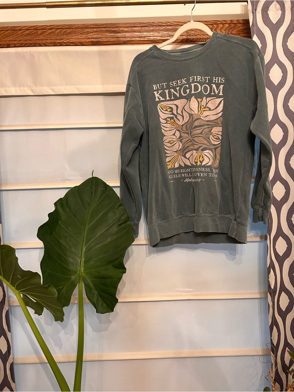 Comfort Colors Olive Graphic 'But Seek First His Kingdom' Crewneck Sweatshirt